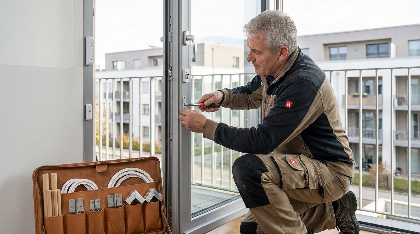 Erfahrener Handwerksmeister der Preischel GmbH bei der fachgerechten Wartung eines Fensters in Kamp-Lintfort
